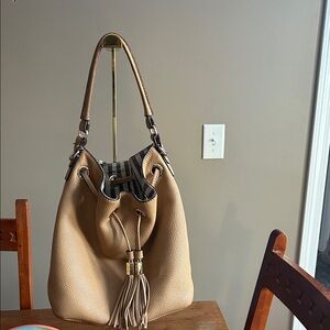 Henri Bendel Vintage Tan Leather Two Way Bucket Bag Striped Interior in EUC